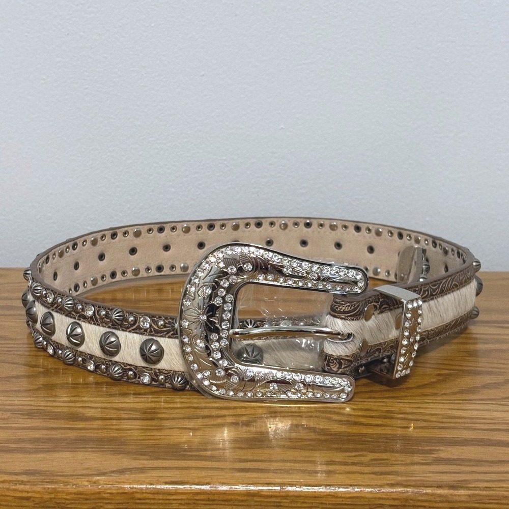 Angel Ranch Womens Western Belt Brown‎ Leather Rhinestone Hair on Hide Studded M